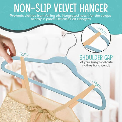 TechZoo 50 Premium Kids Velvet Hangers - 14" Non-Slip Ultra Slim Space-Saving Clothes Hangers with 360° Swivel Hook - Strong & Durable Hangers for Children & Preteens Wardrobe - Blue