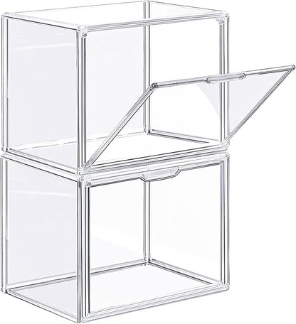 ZLLZUU Clear Stackable Plastic Storage Bins with Lid, Dustproof Book Cosmetic Acrylic Display Cases with Magnetic Door, Large Figures Collectibles Showcase