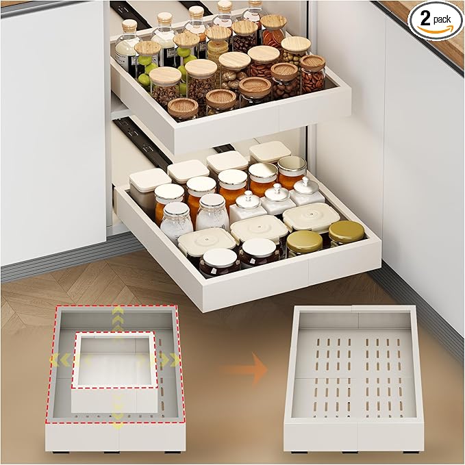 2Pc Pull out Cabinet Organizer,Width (11"-16"),Depth(17"-24") Expandable with 3 Rails,No Drill Roll out Drawers,Adhesive Sliding Drawers,Slide out Shelves for Cabinets Without Lip,Kitchen,Pantry,White | Expandable, 3 Rails, No Drill, Roll out Drawers, ...