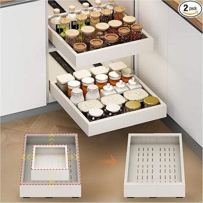 2Pc Pull out Cabinet Organizer,Width (11"-16"),Depth(17"-24") Expandable with 3 Rails,No Drill Roll out Drawers,Adhesive Sliding Drawers,Slide out Shelves for Cabinets Without Lip,Kitchen,Pantry,White | Expandable, 3 Rails, No Drill, Roll out Drawers, ...