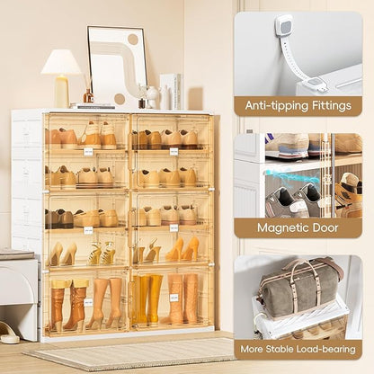 JEKO&JEKO 9-Tier Foldable Shoe Storage Box with Magnetic Doors, Large Stackable Shoe Organizer Cabinet for Entryway, Clear Front Door Shoe Boxes Hold Up to 36 Pairs (White)