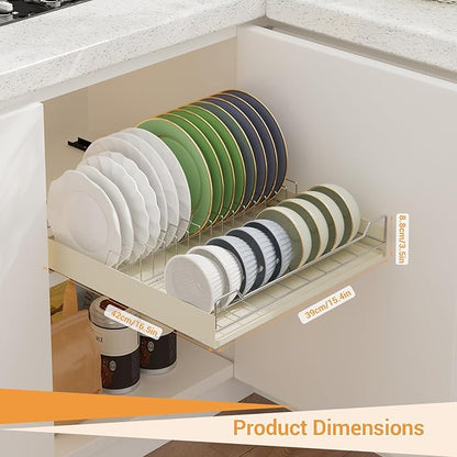 Pull-Out Cabinet Dish Drying Rack - Dish Drying Rack Stainless Steel 2-Tier Kitchen Organizer for Plates Bowls, Under-Counter Space Saving Storage Rack, Adjustable（White）