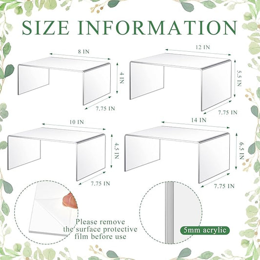 4 Pcs 14, 12, 10, 8 Inch Extra Large Acrylic Display Risers Clear Acrylic Shelf Riser Display Stands 5 mm Thick Rectangular for Collectibles Figures