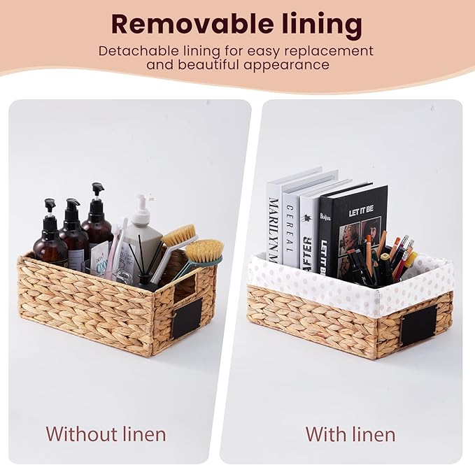 rectangular hyacinth wicker baskets with liners for storage, kitchen, laundry 12x9x5 iNCHES (Natural, 12x9x5 Inches)