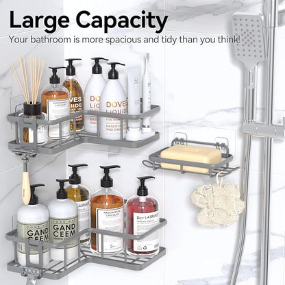 YASONIC Shower Caddy Corner, 3-Pack Adhesive Rustproof Stainless Steel Shower Shelves with Soap Holder, No Drilling Shower Organizer Corner for Dorm, Renters Bathroom, Grey