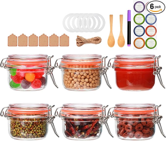Flrolove 5 oz Glass Jars with Airtight Lid,Small Leak Proof Rubber Gasket Glass Canisters,Glass Food Storage Container for Kitchen,Jam,Spice, Cereal, Beans,Cookies