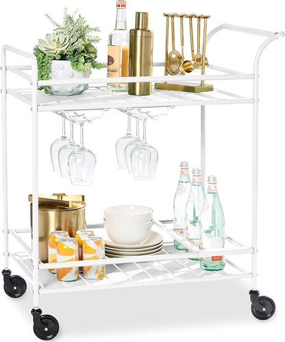 Best Choice Products Rolling Bar Cart, Mobile Home Bar Serving Cart, Serving Station w/ 2 Tier Shelves, Wine Rack, Lockable Wheels - White