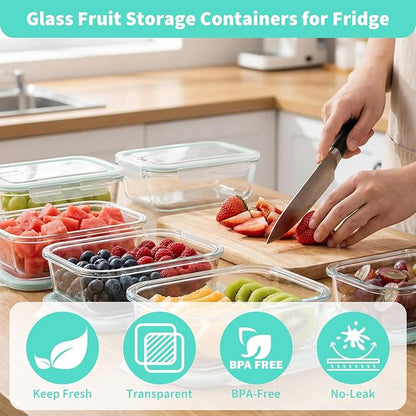 Piszvbej 2 Pack Fruit Storage Containers for Fridge, Glass Fruit Containers for Fridge with Airtight Lid, Airflow Vent Design to Keep Produce Fresh Longer, Ideal for Fruits and Vegetables Storage