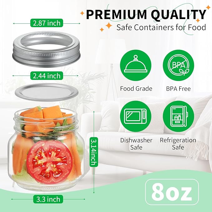 Mason Jars 8oz，Small Mason Jars， Canning Jars with Airtight Metal Covers for Jam, Honey, Spices,Candle， Wedding Favors, Food Storage & DIY Crafts (12 pack)