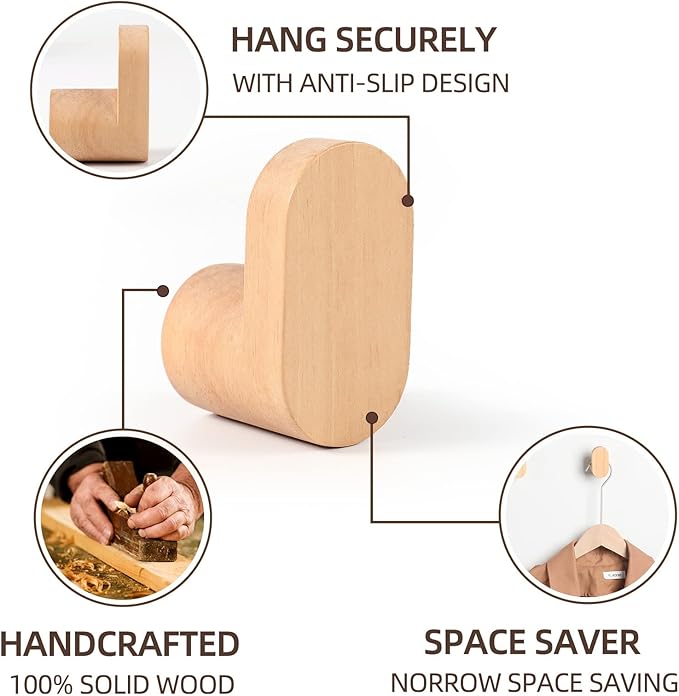 Wood Wall Hooks, Modern Minimalist Wood Hooks Wall Mounted, Natural Wooden Wall Coat Hook Rack, Wooden pegs for Hanging Hat, Towel, Robe, Bag (Pack of 4pcs)