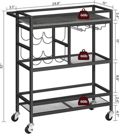 Bar Cart for Home, 3-Tier Serving Cart with Wheels and Handle, Beverage Cart with Wine Rack and Glass Holders, Rolling Wine Cart for Kitchen, Dining Room, Charcoal Gray and Black RCHT6101