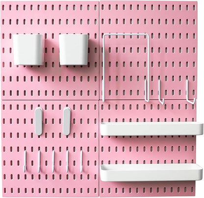 Pegboard Combination Kit, Wall Mounted Storage Set with 4 Pegboards & 14 Accessories Hanging, Pink Peg Boards Organizer for Walls Display, Crafts Organization, Kitchen Organizer, 22" x 22"