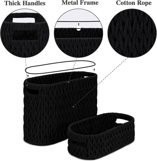 Boho Toilet Paper Storage Baskets, Cotton Rope Woven Bathroom Basket Set of 2, Standing Toilet Paper Holder for 6 Mega Rolls,Storage Bins for Toilet Tank Top, Bathroom Organizer Decor (Black 2 Pack)