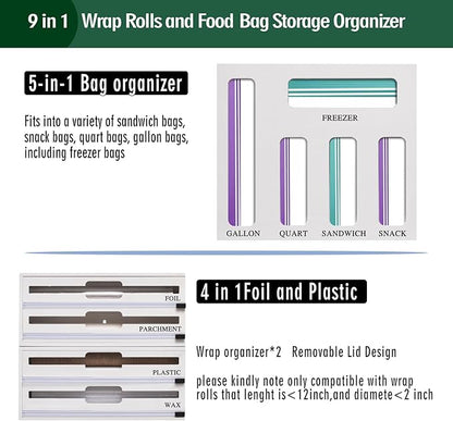 9 In 1 Storage Bag Organizer And Plastic Wrap Dispenser With Cutter, Bamboo Foil and Plastic Wrap Organizer