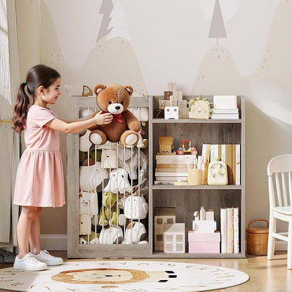 Kids Bookshelf and Toy Storage Organizer, 3 Tier Bookcase for Kids Rooms, Book Shelf with Stuffed Animal Storage, Side Oxford Fabric Pockets, for Playroom, Nursery, Bedroom, Greige CW02BG