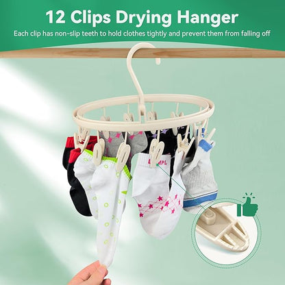 Premium Portable Travel Foldable Clothes Drying Hanger with 12 Clips, Anti-Rusty Plastic Drying Rack for Socks, Lingeries, Delicates and Baby Clothes