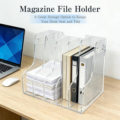 5-Tier Clear Acrylic File Holder, Vertical Document Organizer for Magazines, Binders, Notebooks & Envelopes - Multi-Purpose Desk Storage for Home Office（A4,5 Sections）
