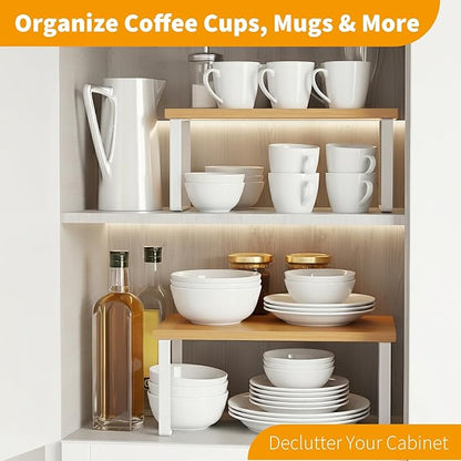 2 Pack Cabinet Organizer Shelf, Coffee Cup Organizer for Cabinet, Stackable and Expandable, Wood Kitchen Counter Shelves with Metal Legs, with Easy-Install Tool, for Mug and Cup Storage