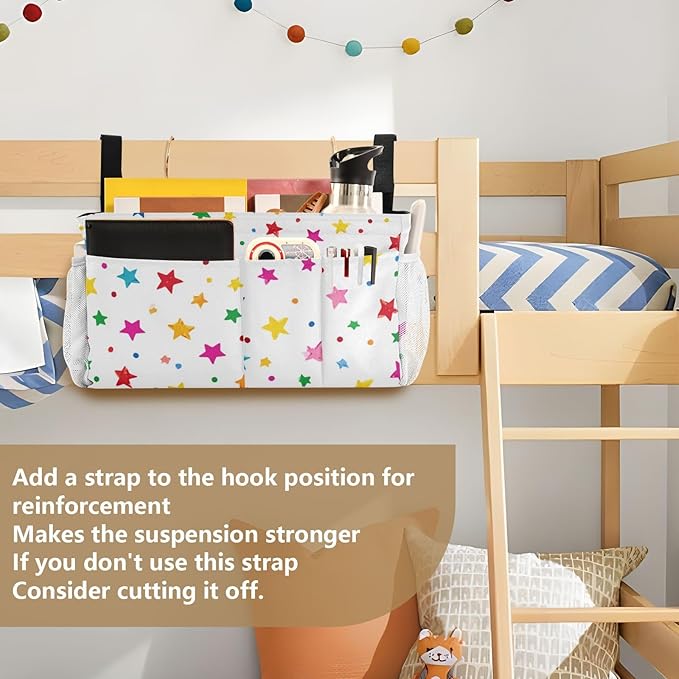 CuwrYet Bedside Caddy Hanging Bunk Bed Caddy Bed Organizer Hanging Pocket with 2 Hooks Bedside Storage Organizer Pocket Bag Holder Small Colorful Stars and Dots