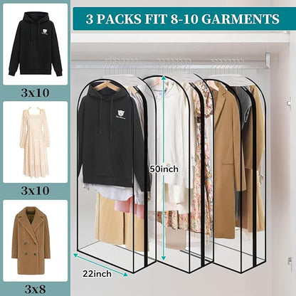 10” Gusseted Clear Garment Bags, 40” Hanging Suit Bags for Closet Storage - Protect Clothes, Suits, Coats, Dresses - 3 Pack (50 inch)