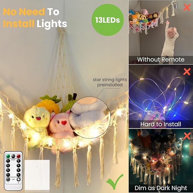 Stuffed Animal Hammock with 13LEDs Star Lights, 47in Toy Storage Macrame Hammock, Hanging Toy Net for Kids Bedroom Doll Room Corner Organizer, Battery Powered Toy Hammocks with Remote(Star, Large)