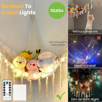 Stuffed Animal Hammock with 13LEDs Star Lights, 47in Toy Storage Macrame Hammock, Hanging Toy Net for Kids Bedroom Doll Room Corner Organizer, Battery Powered Toy Hammocks with Remote(Star, Large)