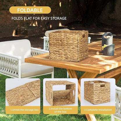 4 Pack 13 x 11in Rectangular Wicker Storage Bins, Water Hyacinth Baskets, Foldable Wicker Baskets, Storage Basket with Built-in Handles, Handwoven Natural Basket for Shelves, Outdoor