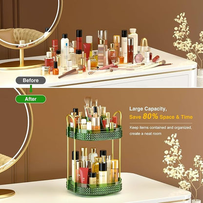 Awenia Rotating Makeup Organizer 360, Stackable Adjustable Large Capacity Cosmetic Storage Unit,Dresser Bathroom Kitchen Countertop Organizer with Metal Handle, Plus Size (Gem Green, 2 Tier)