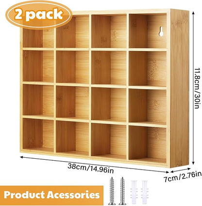 Wesiti Tie Box Organizer Wall Mounted Tie Rack with 16 Compartments Bamboo Belt Holder for Men Scarf Necktie Home Wall Closet(Wood Color,2 Pieces)