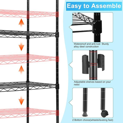 Whitmor 5 Tier Shelving Unit, Adjustable Storage Shelves with Wheels, Wire Shelving, 400 lbs Capacity per Shelf, Max 2000 lbs Total for Laundry, Garage, Plant, 21" L x 12" W x 54" H, Black