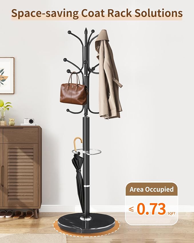 Modern Coat Rack Stand, Metal Freestanding Coat Rack with Natural Marble Base, Heavy-Duty Coat Racks with Umbrella Holder,Black Coat Hanger Stand with 12 Hooks for Office, Entryway, Hallway