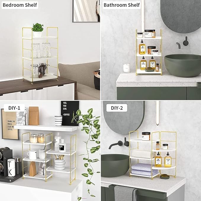 kaileyouxiangongsi 3-Tier Kitchen Spice Rack, Freestanding Stackable Organizer Shelf, Bathroom Countertop Storage Shelf, Cosmetic Organizer Holder, Square Standing Rack (Golden)