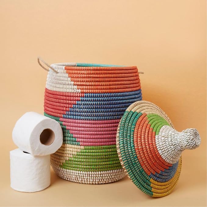 Small Storage Basket, Organizing, Storage, Wicker, Woven, With Lid, Handles, 12" Wide, 14" Tall (Colorful)