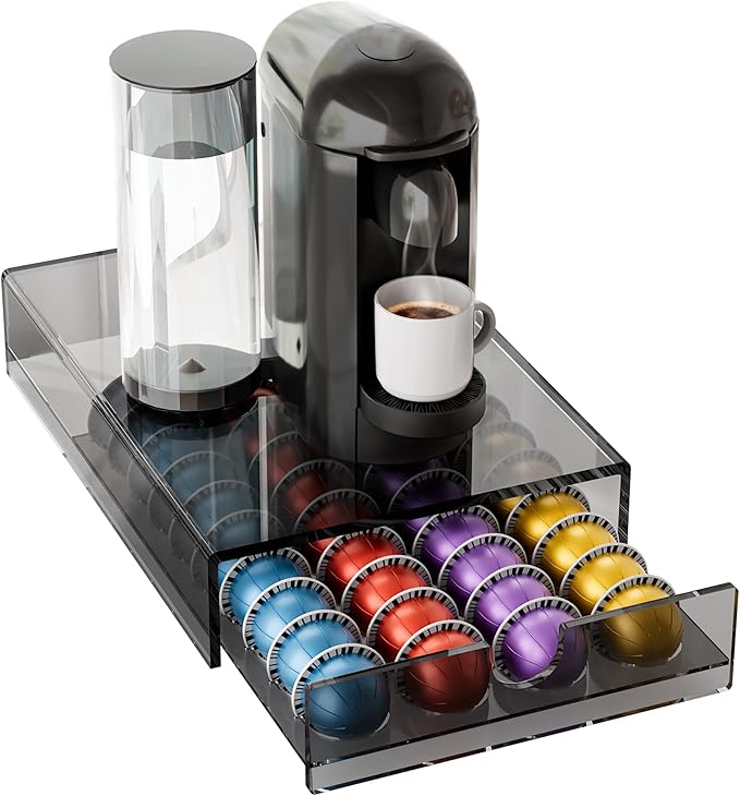 BXINREDA Acrylic Coffee Pod Organizer for Nespresso Vertuo Pod Holder 40 Pods transparent black Vertuo Pod Storage Drawer (1 Tier)