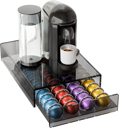 BXINREDA Acrylic Coffee Pod Organizer for Nespresso Vertuo Pod Holder 40 Pods transparent black Vertuo Pod Storage Drawer (1 Tier)
