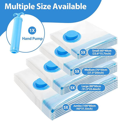 Vacuum Seal Bags for clothing - 20 Pack Vacuum Storage Bags for Travel (5 Jumbo/5 L /5 M /5 S), Space Saver with hand pump, Vacuum Sealed Bags for Luggage Clothes Blankets Bedding