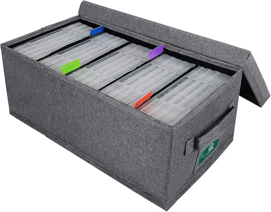 DVD Storage Box, Practical DVD Case Holder Organizer 15.75 x 8.46 x 6.3 Inch, DVD Rack with Lid and Index Labels to Hold up to 25 DVD Cases - Gray