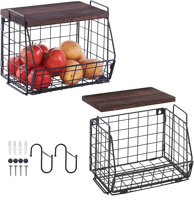 Wall Storage Hanging Baskets 2 PACK - Wooden Top Wire Basket Organizers & S Hooks - Assemble Floating Shelf Racks for Pantry Kitchen Office Bathroom Garage Organization (Large)