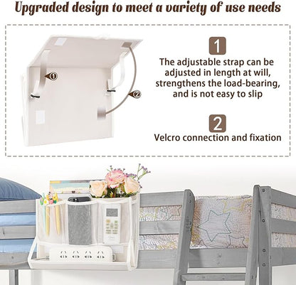 Retyion Bedside Caddy Bedside Storage Organizer Bedside Organizer with Power Strip Holder and 2 Adjustable Straps for Home Bunk Bed College Dorm Sofa (White)