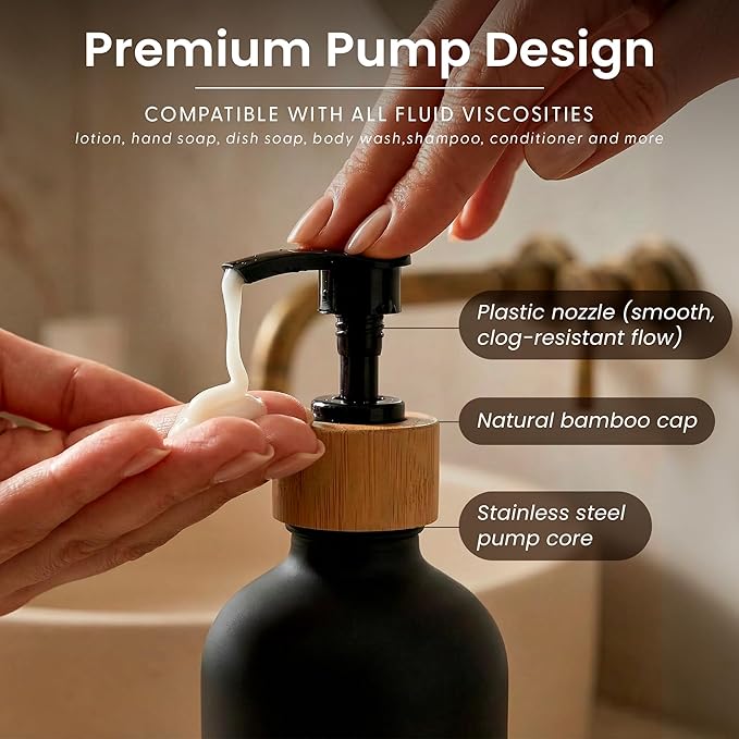 Maisonovo Glass Soap Dispenser Bathroom Set | Hand Soap and Dish Soap Dispenser Set | 16.9oz Amber Bottles with Black Bamboo Pump | Bathroom Lotion Dispenser Set of 2