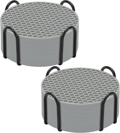Silicone Coaster Set of 16 with Holder, Drinks Coasters, Suitable for Hot or Cold Cups, Anti-Slip, Non-Stick, Anti-Overflow Tabletop Protection and Decor (Gray, 16 Pcs)
