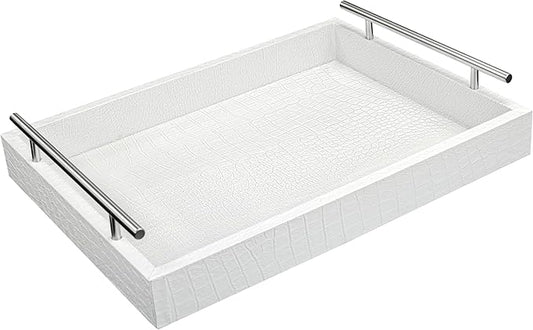 White Leather Serving Tray with Silver Handles, Rectangular Tray for Coffee Table, Ottoman, Alligator Faux Leather, Decorative Trays for Home Decor, for All Occasions, 16" x 12"