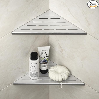 Bernkot Corner Shower Shelf 10", Brushed 304 Stainless Steel Slot Design Recessed Corner Shelves Bathroom Grout in Shelf for Tiled Wall, 2 Pack