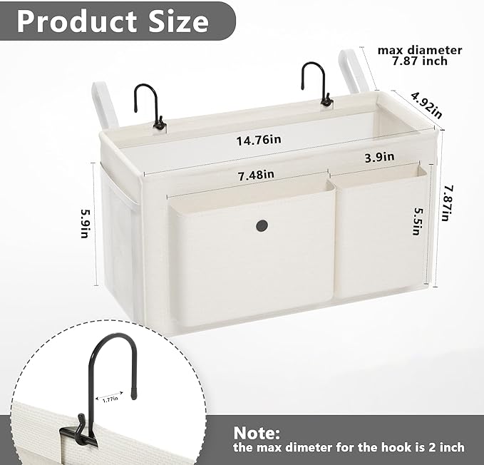 Edudif Bedside Caddy Bedside Organizer with Fixed Straps & Water Bottle Holder, Bunk Bed Caddy ideal for Home, Dorm, Hospital, Crib, Versatile Bedside Storage Solution (White)