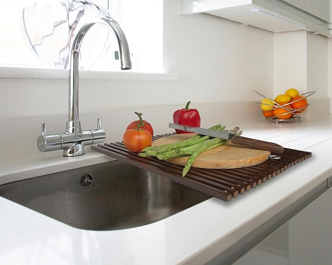 Roll Up Wooden Drying Rack Over The Sink Kitchen, Cover Sink Dry Dishes Bowl Spoon Quickly, Aesthetics and Finishes Coating, Neat Design Stain-Resistant Easy to Dry (Dark Walnut color)
