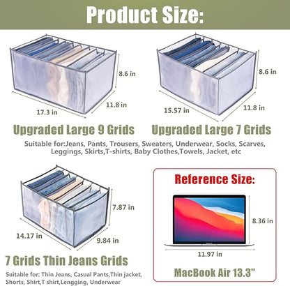 TOOVREN Jeans Organizer Extra Large 9 Grids, Closet Organizer with Foldable Drawer Compartments, Washable Clothing Storage Box 3-Pack