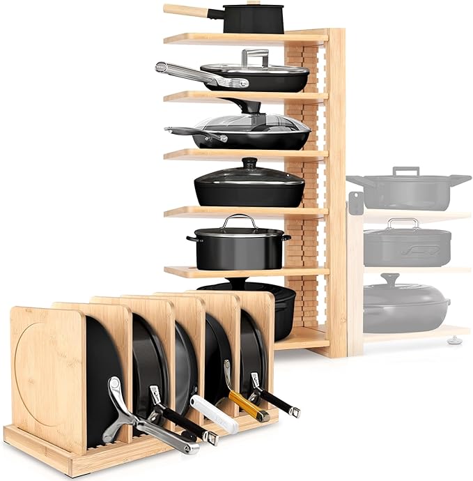 Meecoo Spring 6 Tier Pot Organizer Collapsible with 3 DIY Methods, Adjustable Pots and Pans Organizer Under Cabinet, Heavy Duty Pot Rack Inside Cabinet, Pot Holders Rack for Kitchen
