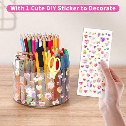 Acrylic Pencil Organizer for Desk 4 Compartments with Adhesive DIY Sticker, Rotating Art Supply Organizer with Kawaii Sticker Kids, Spinning Round Marker Small Supply Caddy