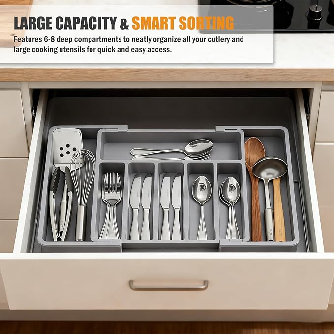 2 PCS Large Expandable Silverware Organizer for Drawer, Utensil Drawer Organizer Holder with 2 Removable Blocks, Adjustable Cutlery Tray Flatware Storage Box for Spoons Forks Knives Tools, 6-8 Slots