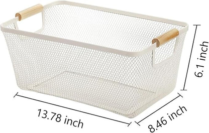 Metal Mesh Steel Basket, Large Wire Storage Organizer Basket Multi-function Hanging Kitchen Baskets with Wood Handle for Kitchen Bathroom Picnic Home, Rectangle-Off White